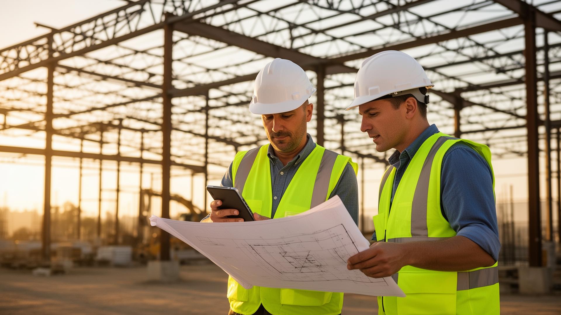 JFD Construction project manager and foreman reviewing blueprints on a Southern California job site